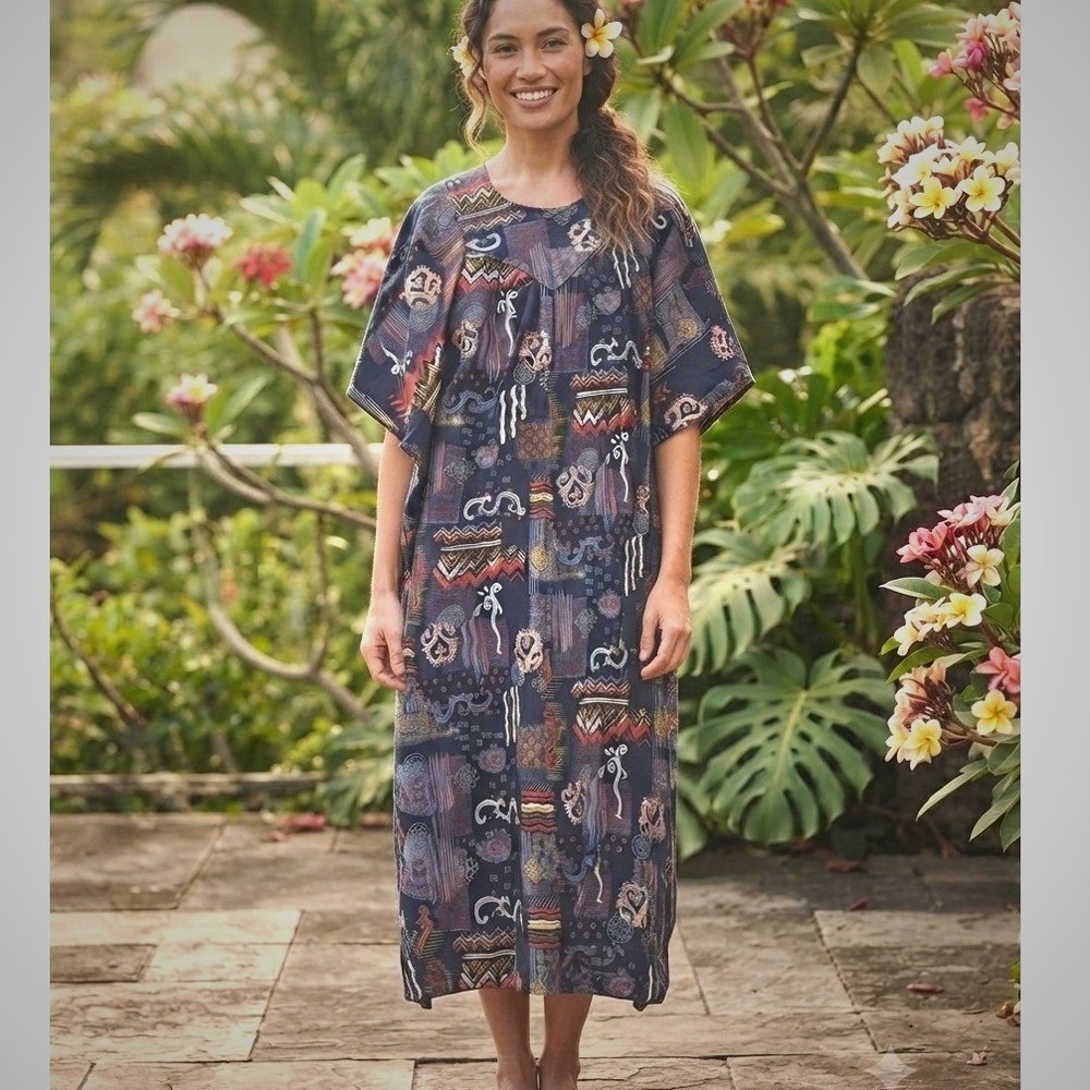 Go Softly Abstract Print Muumuu Caftan Dress Womens Large Navy Cotton Rayon Boho